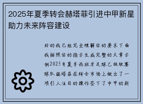 2025年夏季转会赫塔菲引进中甲新星助力未来阵容建设
