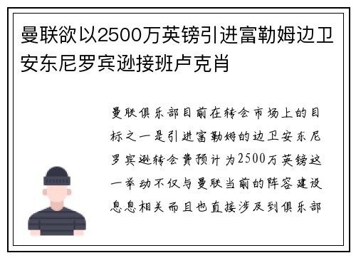 曼联欲以2500万英镑引进富勒姆边卫安东尼罗宾逊接班卢克肖